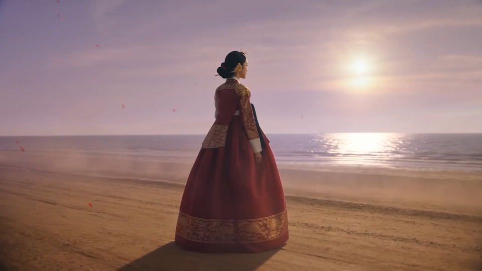노을이 지는 바닷가의 시대극 의상 인물 프리비즈